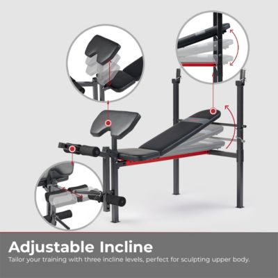 Adjustable Standard Incline Weight Bench with Leg Developer and Preacher Curl Attachment, Up to 630LBs Support