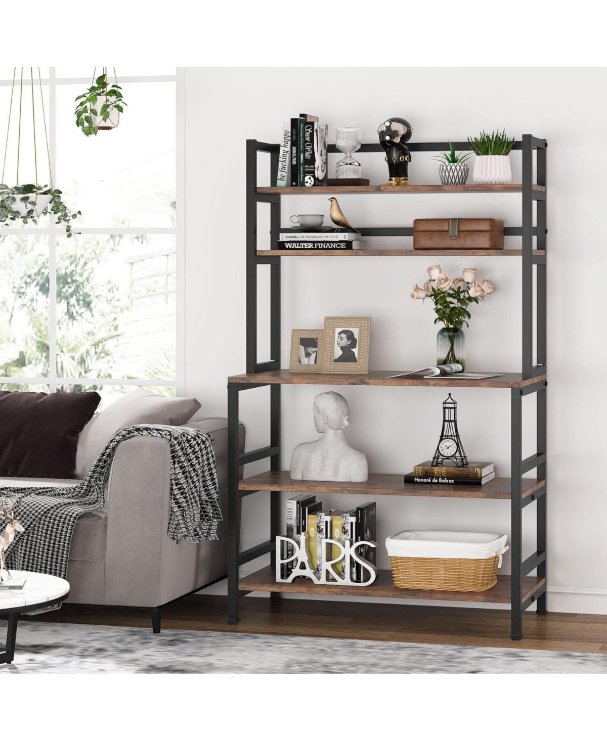 Tribesigns Bakers Rack with Hutch, Microwave Oven Stand, 5-Tier Kitchen Utility Storage Shelf, Height Free Standing Kitchen Organizer for Spices, Pots