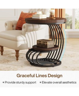 Round End Table: 2 Tiers Faux Marble Side Table with Storage Shelf, Bedside Nightstand, Metal Arc-Shaped Frame Accent Table