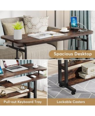 Portable Desk with Power Outlets, Height Adjustable Side Table Sofa Couch Bedside Laptop Computer Cart with USB Charging Ports, Mobile Small Standing Desk with Keyboard Tray