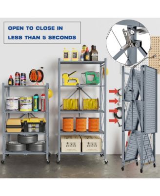 4-Tier Folding Storage Shelves Metal Folding Shelves with Wheels, 600Lbs Capacity, Grey