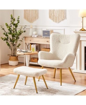 Boucle Accent Chair and Ottoman Set with Golden Metal Legs