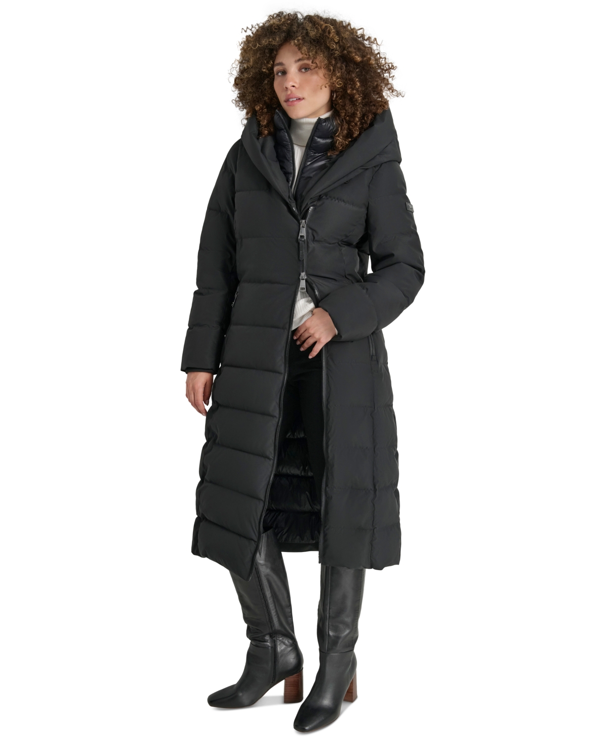 Dkny Women's Bibbed Shawl Collar Hooded Puffer Coat In Black