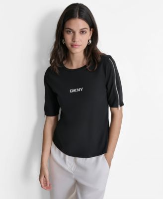 DKNY - Women's Zippered-Sleeve Embroidered-Logo Top