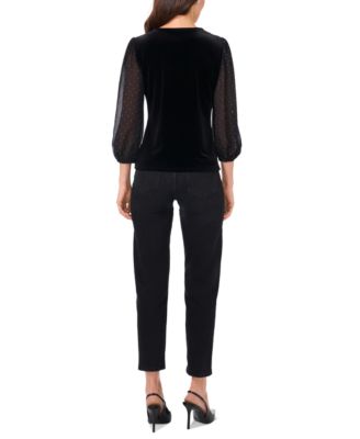 Women's Velvet V-Neck Sheer-Sleeve Top