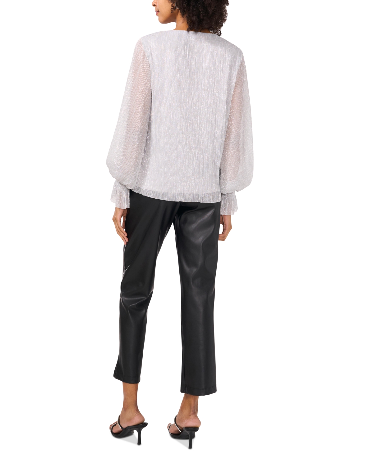 Vince Camuto Women's Metallic V-neck Sheer-sleeve Top In Silver