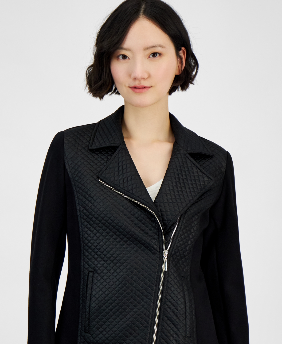 Anne Klein Petite Asymmetric-Zip Mixed-Media Moto Jacket
