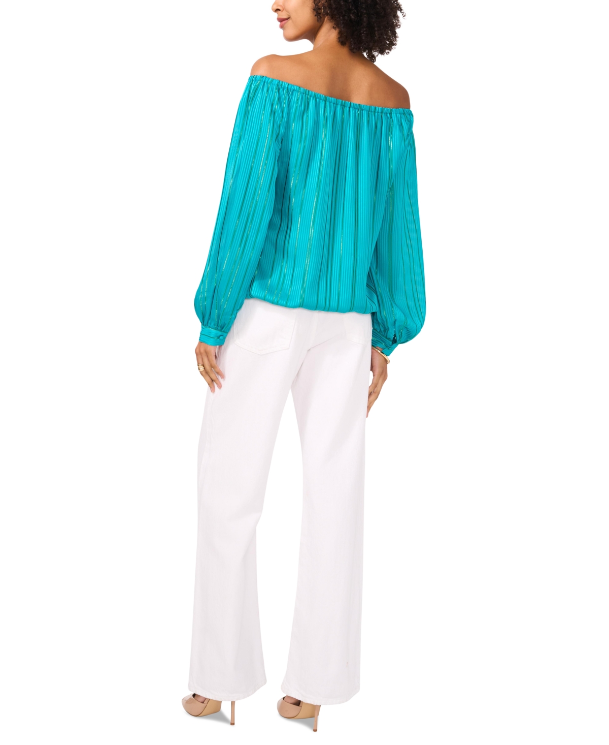 Shop Vince Camuto Women's Metallic-striped Off-the-shoulder Long-sleeve Tie-front Blouse In Cool Lapis