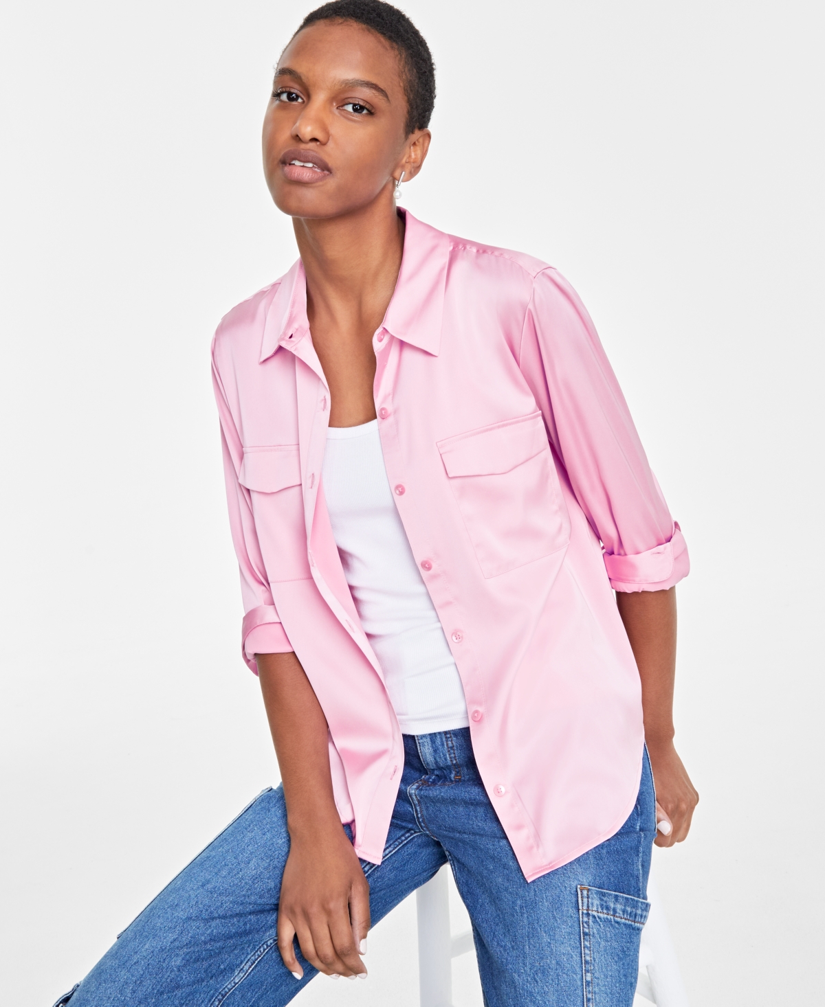 ON 34TH WOMEN'S BUTTON-FRONT LONG-SLEEVE SATIN UTILITY SHIRT, CREATED FOR MACY'S 