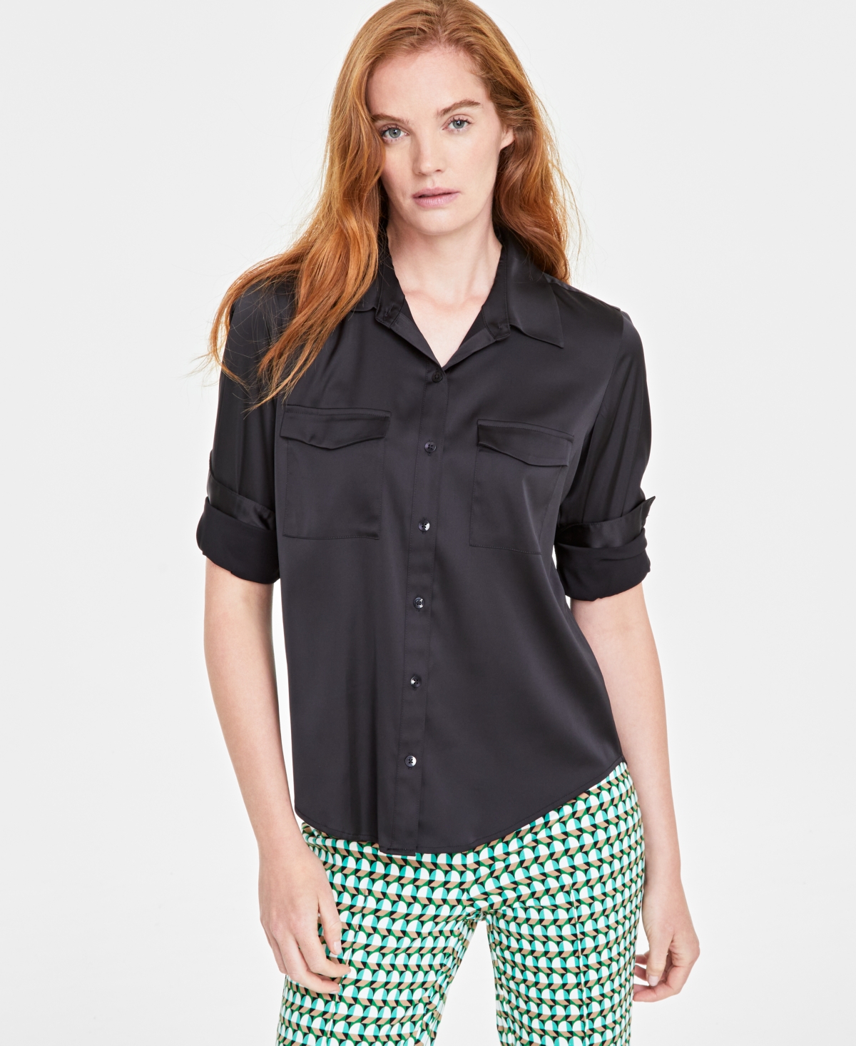 On 34th Women's Button-front Long-sleeve Satin Utility Shirt, Created For Macy's In Deep Black