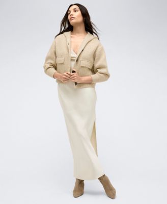 Womens Oversized Cropped Button Front Hoodie Satin Cowl Neck Maxi Slip Dress