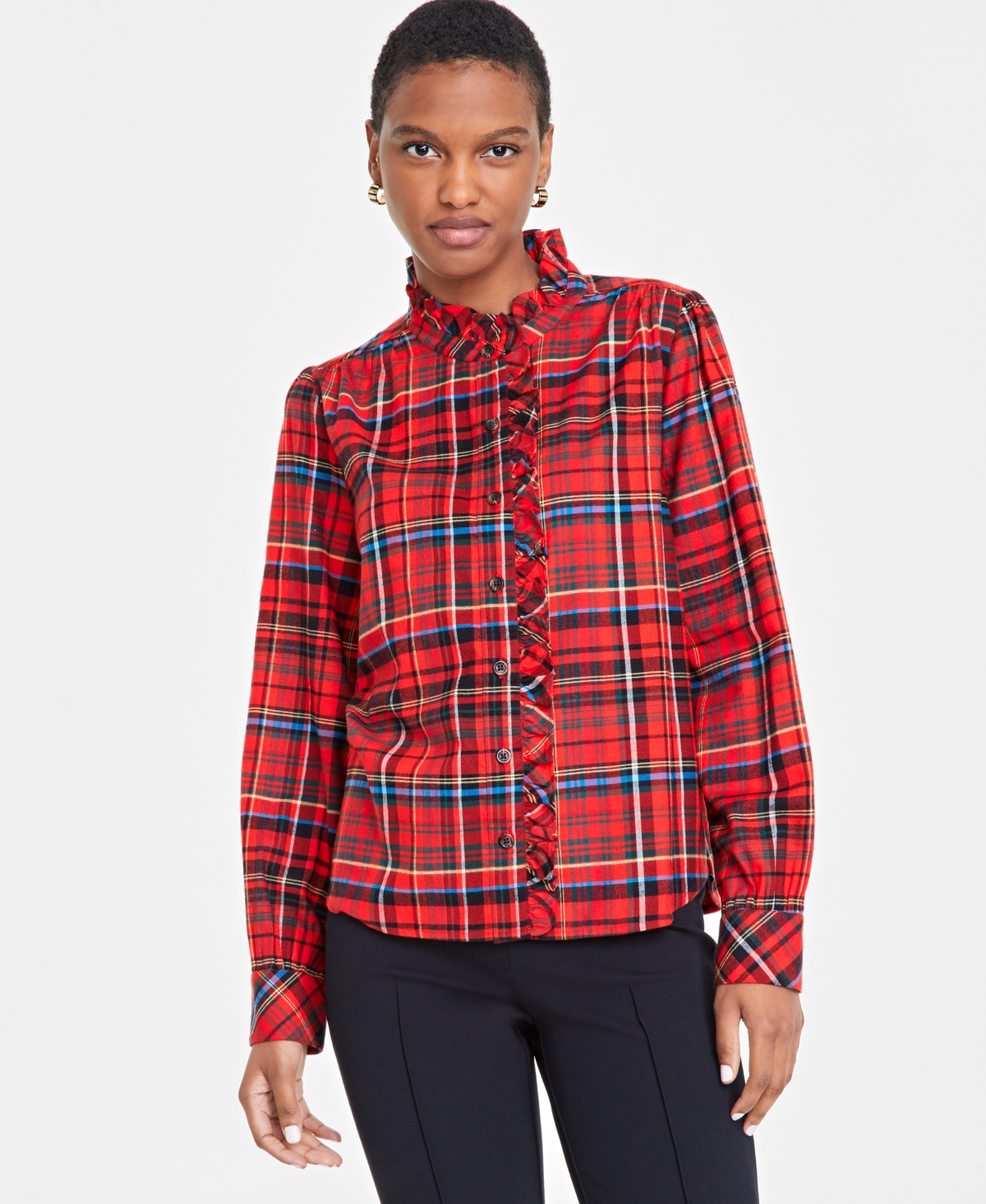 Women's Festive Plaid Ruffle-Neck Flannel Shirt, Created for Macy's - Fiery Red