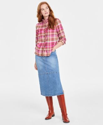 On 34th - Women's Festive Plaid Ruffle-Neck Flannel Shirt