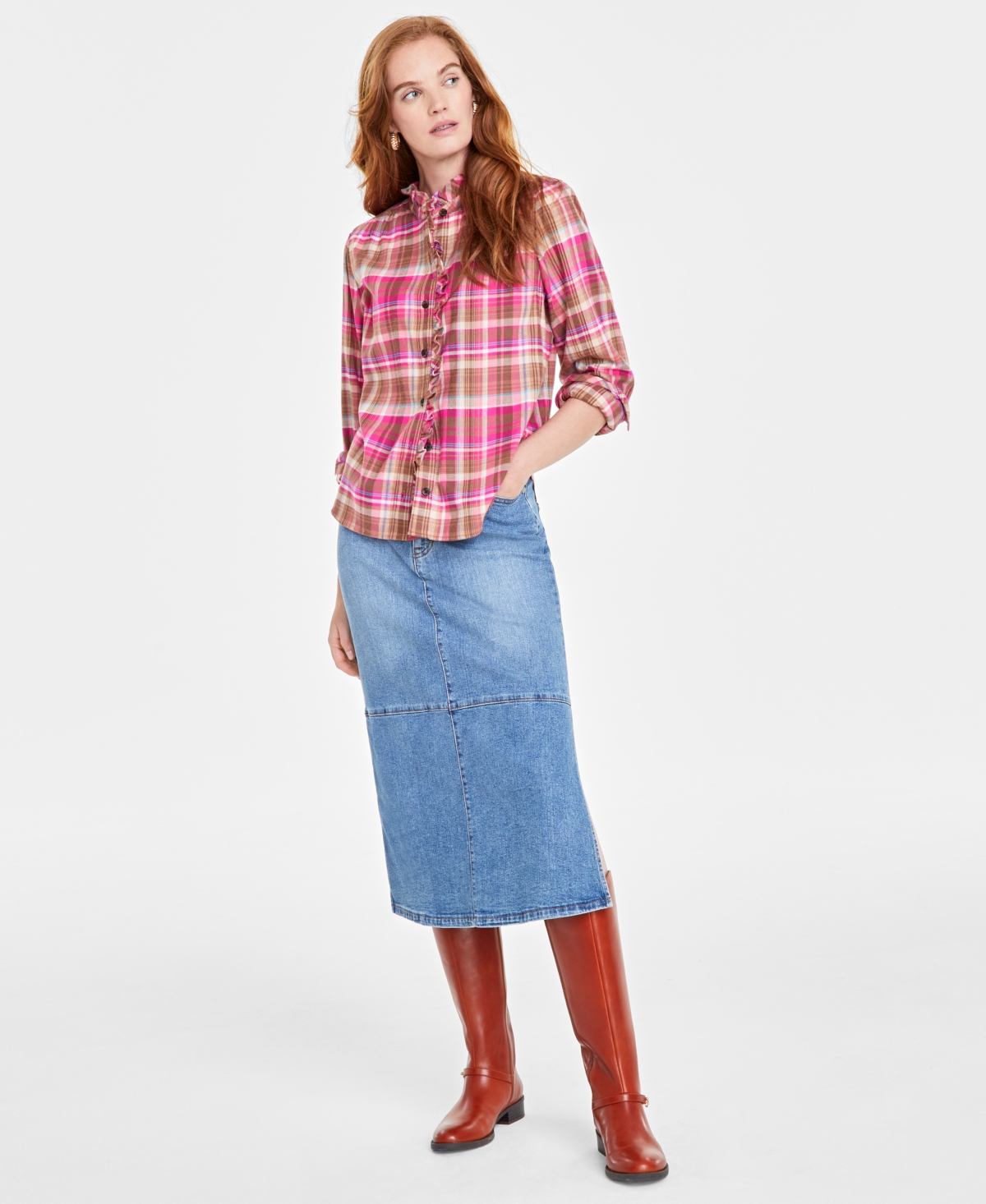 On 34th Women's Festive Plaid Ruffle-neck Flannel Shirt, Created For Macy's