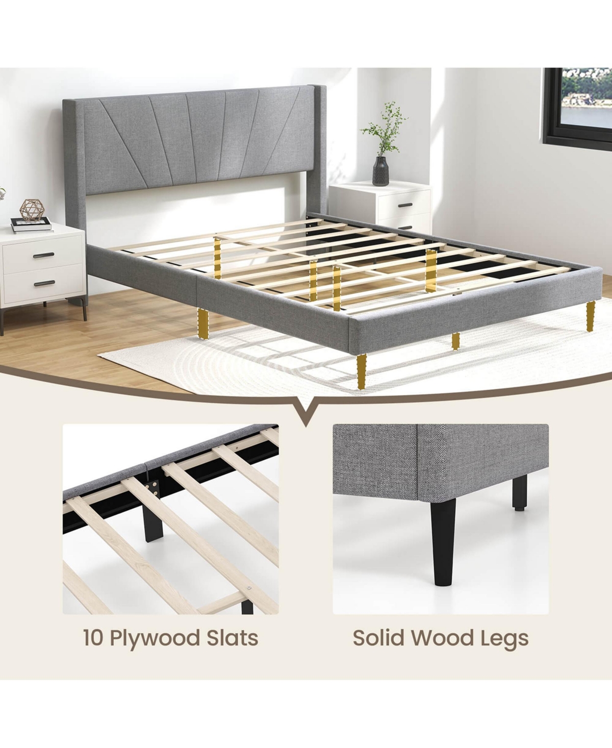 Costway Queen Bed Frame Modern Platform Bed with Linen Upholstered Wingback Headboard