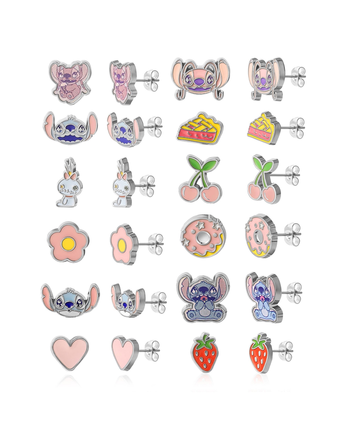 Lilo and Stitch 12 Pairs Earring Set - Cherry, Flower, Donut, Heart, Strawberry - Blue, pink, white