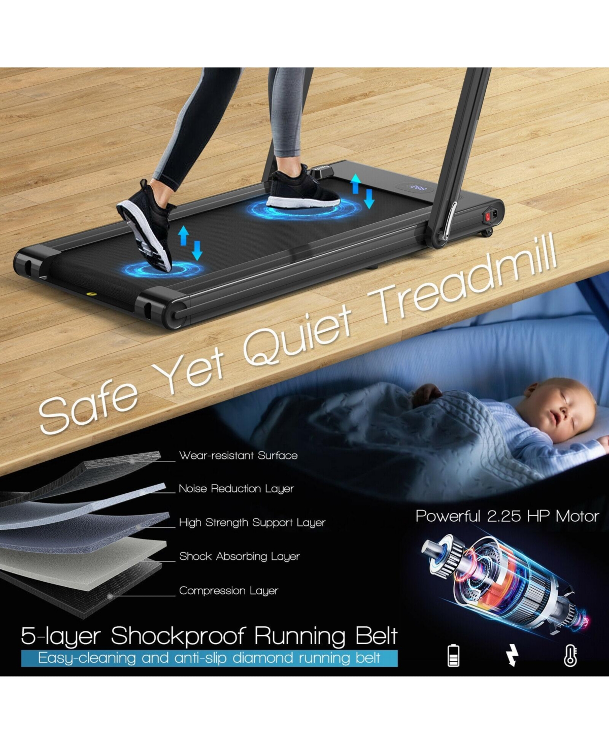 Skonyon 2-in-1 Folding Treadmill with Dual Led Display-Black