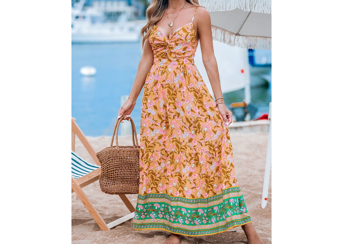 Cupshe Women'sFloral Sweetheart Twist & Keyhole Maxi Beach Dress - Orange