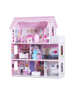 28'' Pink Dollhouse w/ Furniture Gliding Elevator Rooms 3 Levels Young Girls Toy