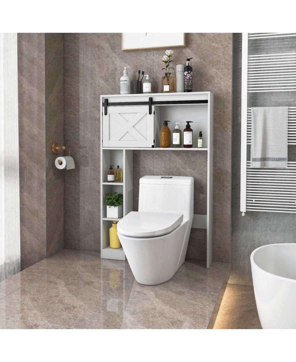4-Tier Over The Toilet Storage Cabinet with Sliding Barn Door and Storage Shelves-White