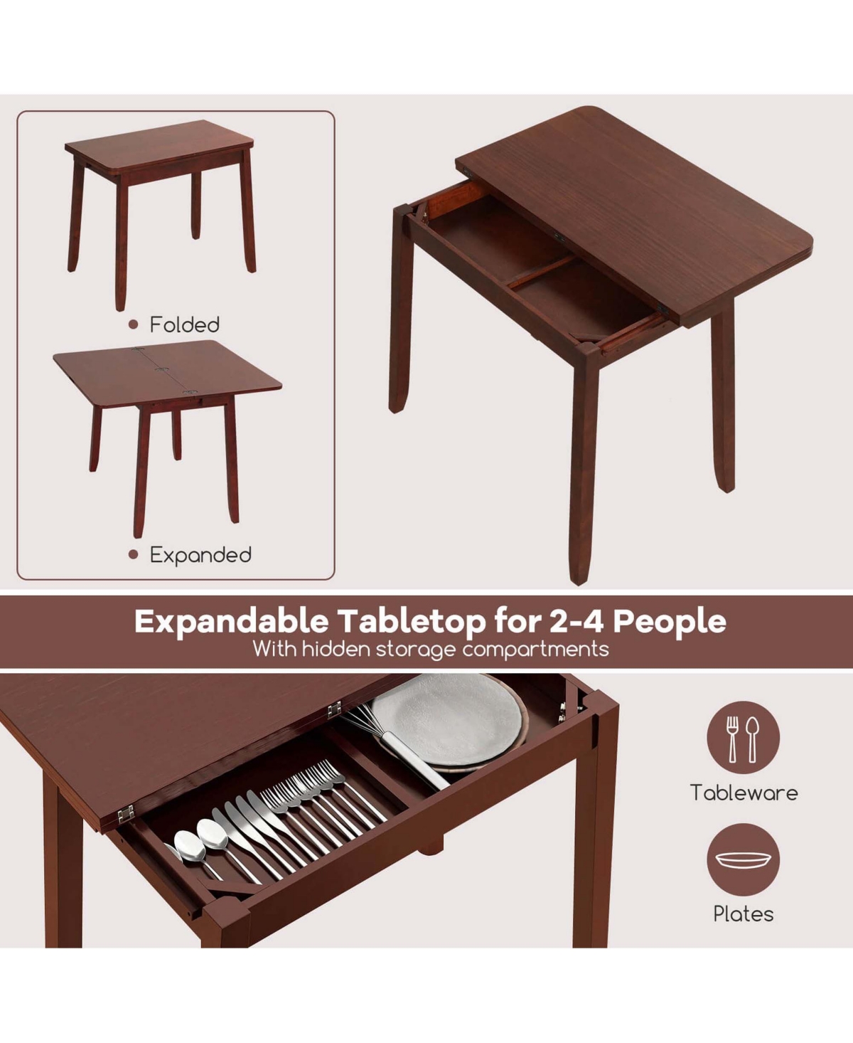 Costway Kitchen Table Set for 4 with Expandable Dining Table 4 Upholstered Folding Chairs
