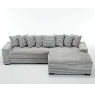 Cozy Grey Corduroy L-Shaped Sofa with Chaise, Armrests, and Pillows