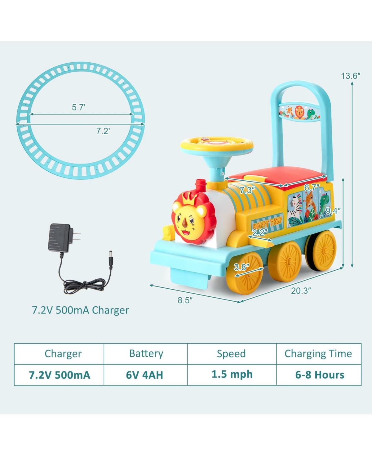 Gymax 6V Electric Kids Ride On Train Motorized Train Toy w/ Track & 6 Wheels Green - Blue+red+yellow