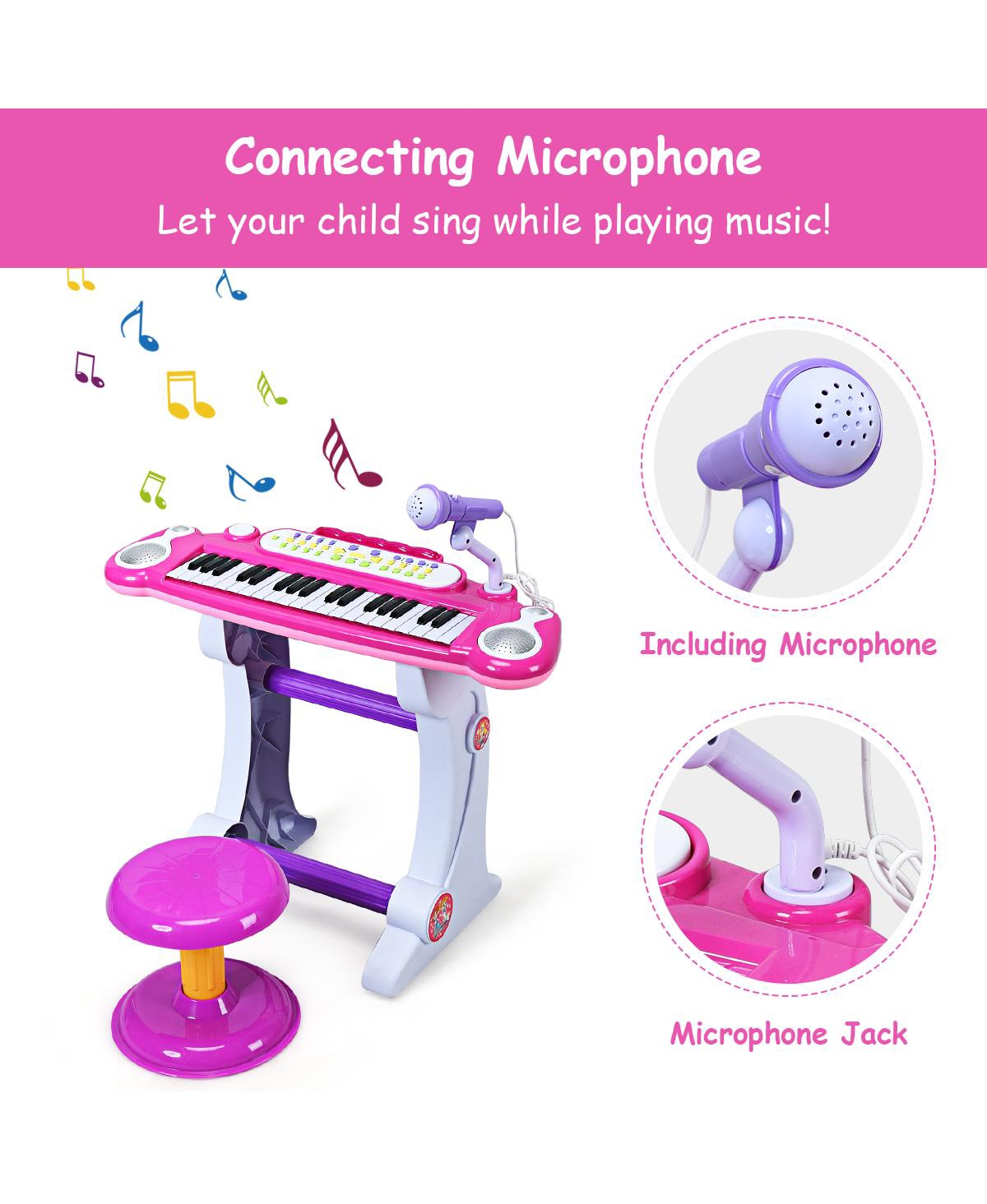 Gymax Kids Electronic Keyboard Piano MP3 Input 37 Key Microphone Stool Toy - Pink+red+white