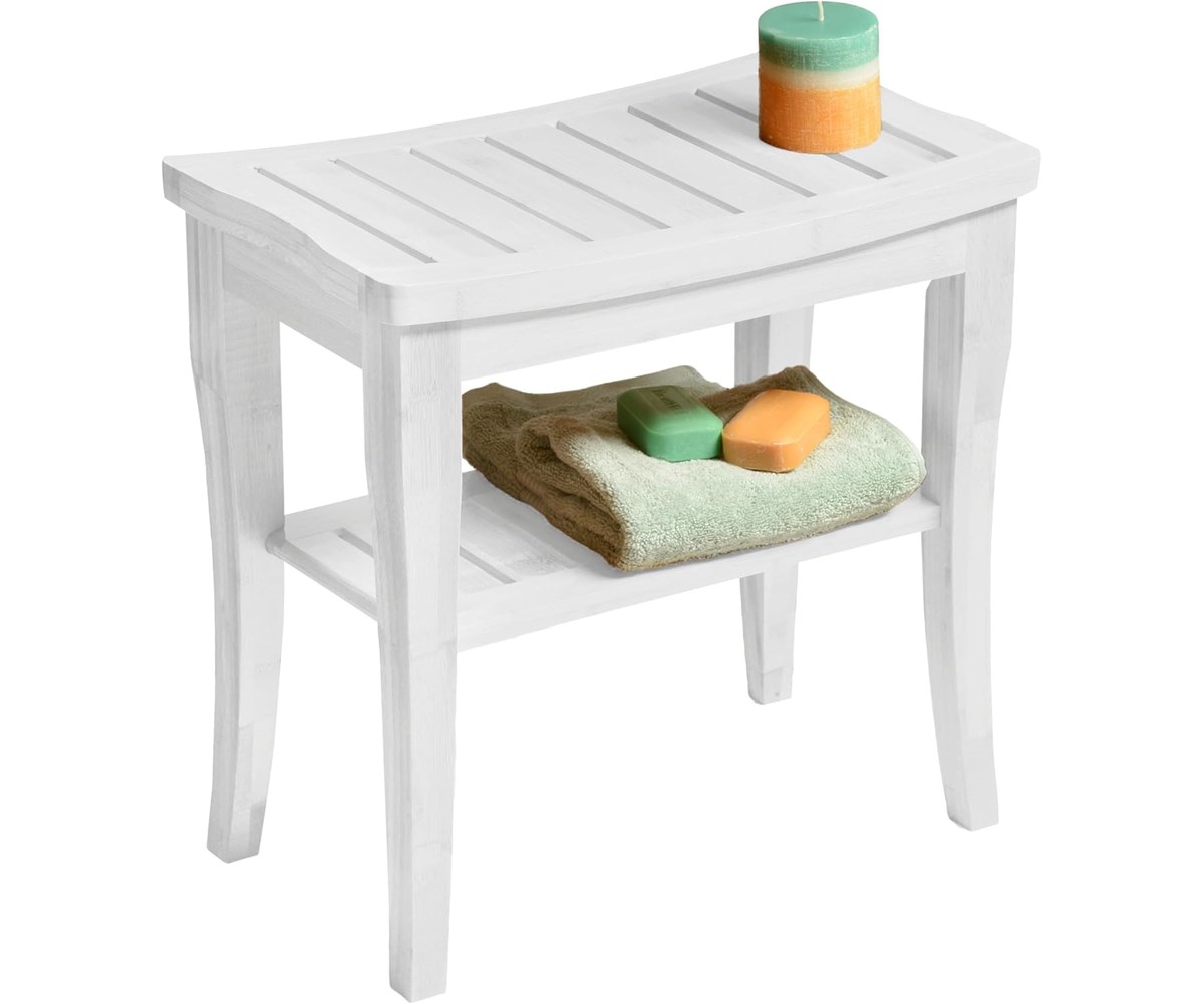 Bamboo Shower Bench Spa Stool - Wood 2-Tier Seat, Foot Rest Shaving Stool with Non-Slip Feet + Storage Shelf - Seat Organizer for Bathroom Living Room