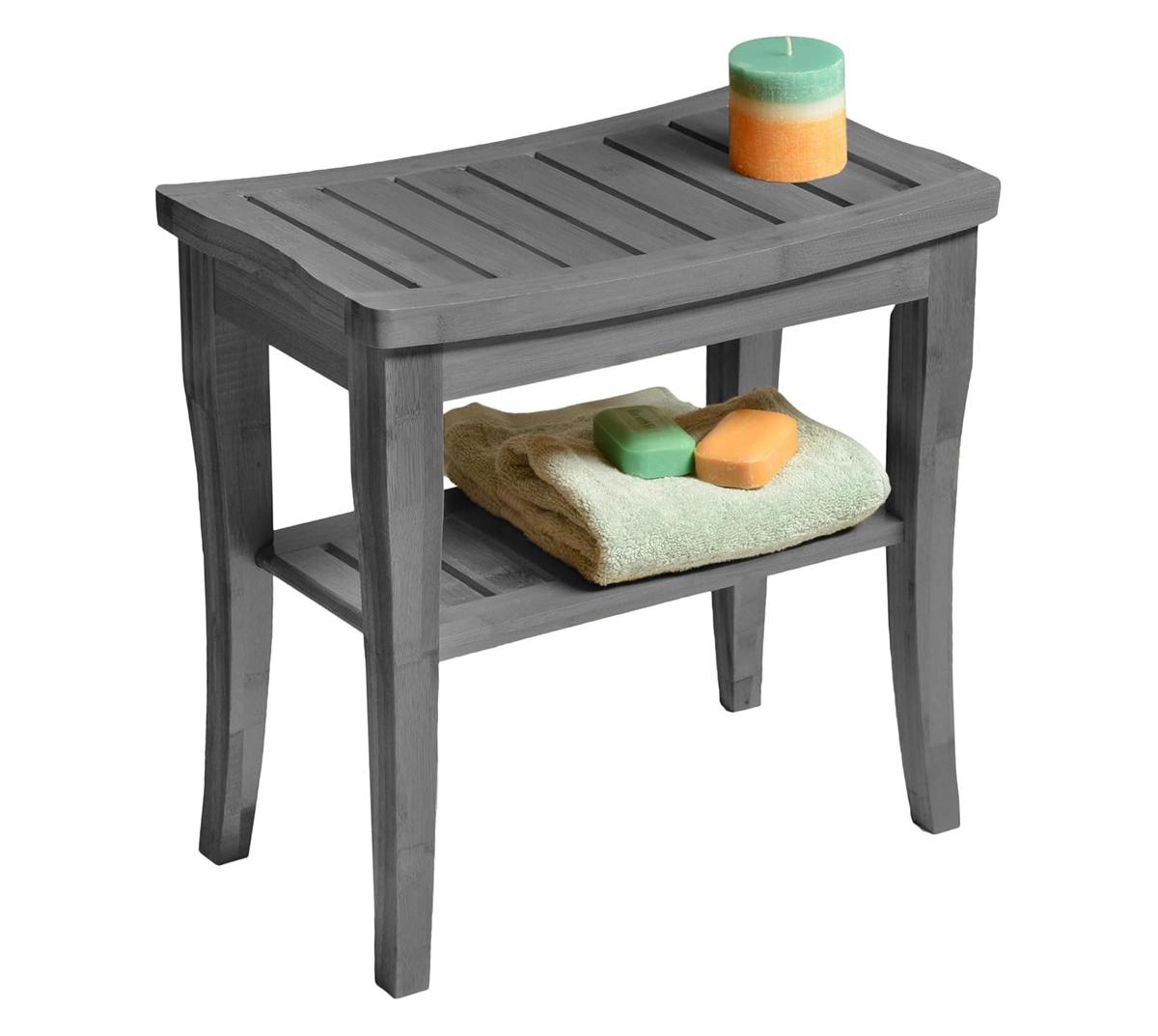 Bamboo Shower Bench Spa Stool - Wood 2-Tier Seat, Foot Rest Shaving Stool with Non-Slip Feet + Storage Shelf - Seat Organizer for Bathroom Living Room