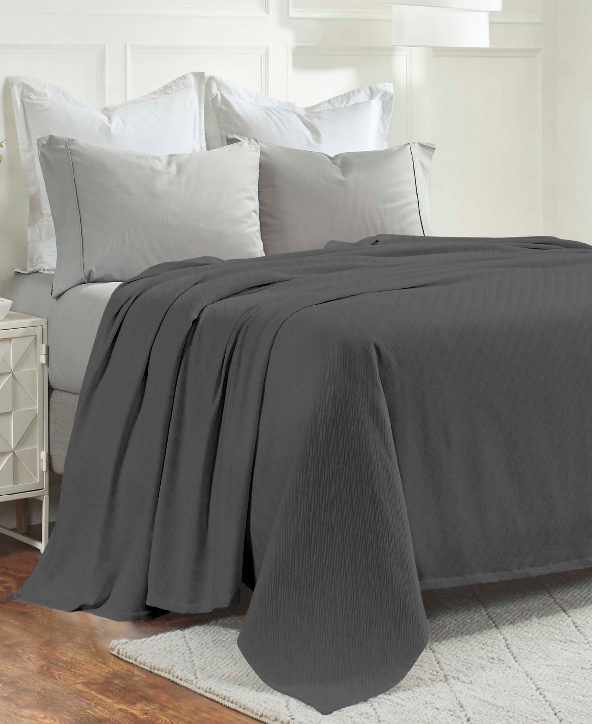 Superior Milan Cotton Jacquard Dobby Weave Textured Striped Lightweight Woven Blanket, Full/queen In Charcoal