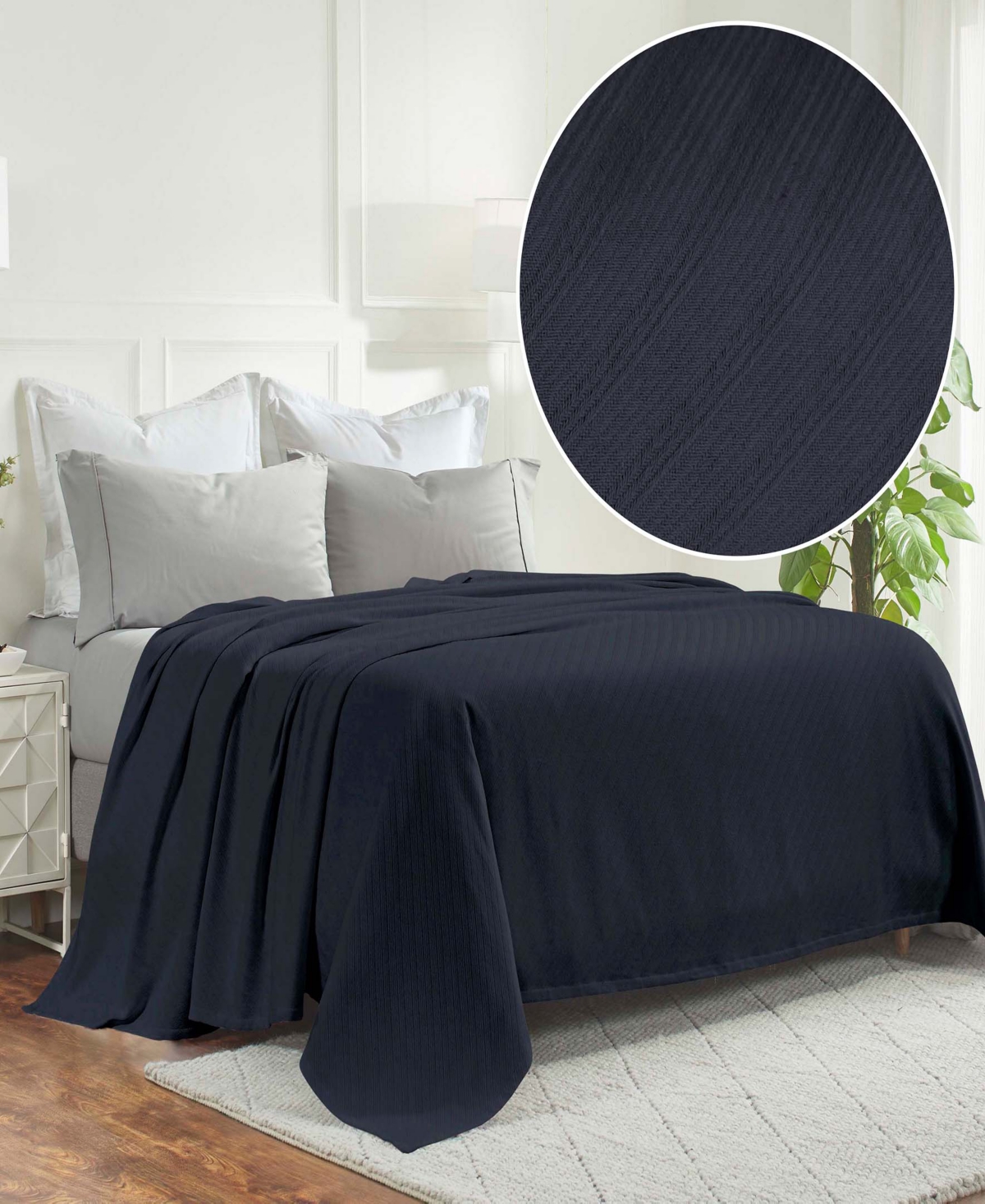 Superior Milan Cotton Jacquard Dobby Weave Textured Striped Lightweight Woven Blanket, Full/queen In Navy Blue