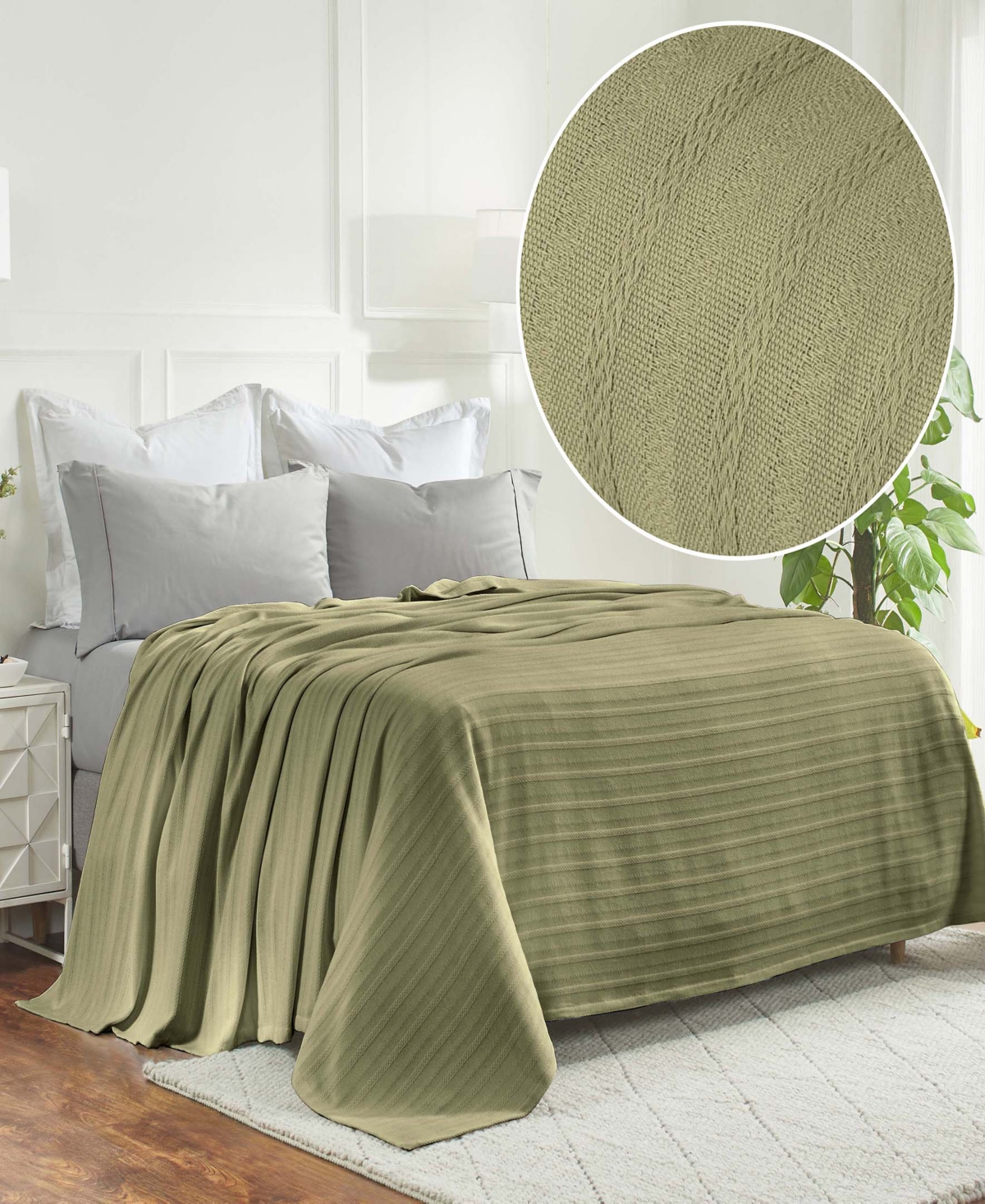 Shop Superior Clara Cotton Textured Striped Lightweight Woven Blanket, King In Sage