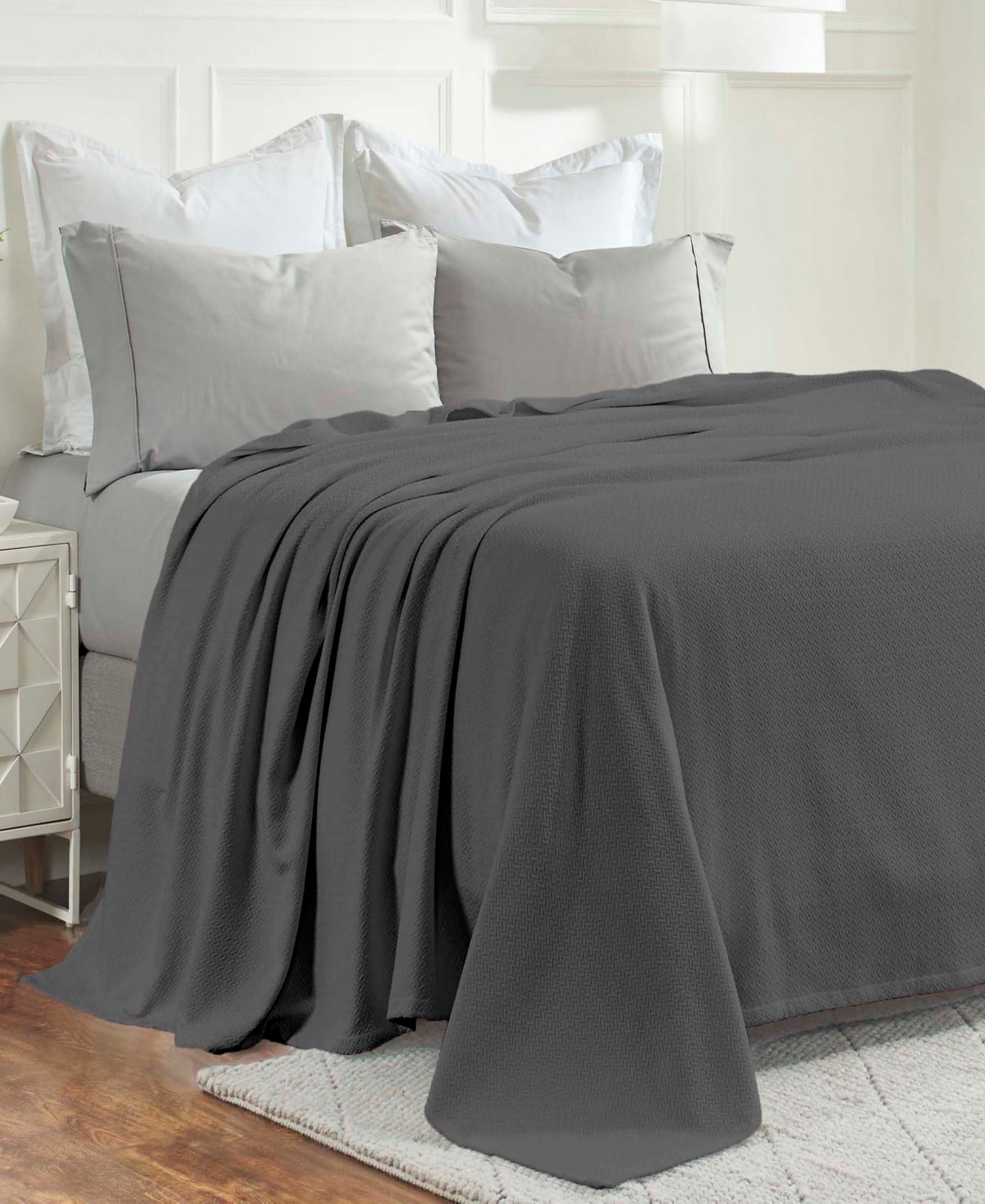 Superior Nobel Cotton Jacquard Dobby Weave Textured Chevron Lightweight Woven Blanket, Full/queen In Charcoal