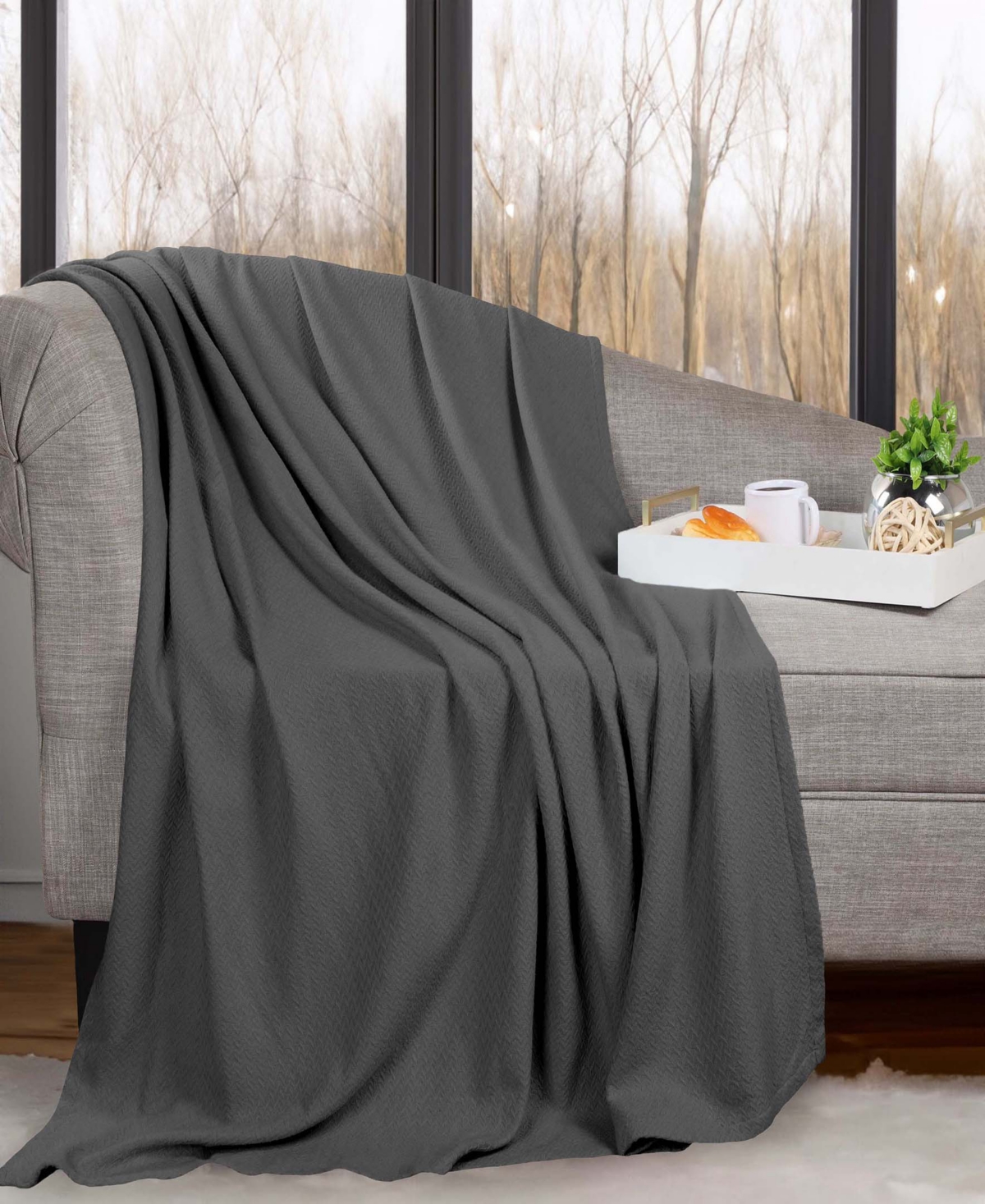 Superior Nobel Cotton Jacquard Dobby Weave Textured Chevron Lightweight Woven Throw, 50" X 60" In Charcoal