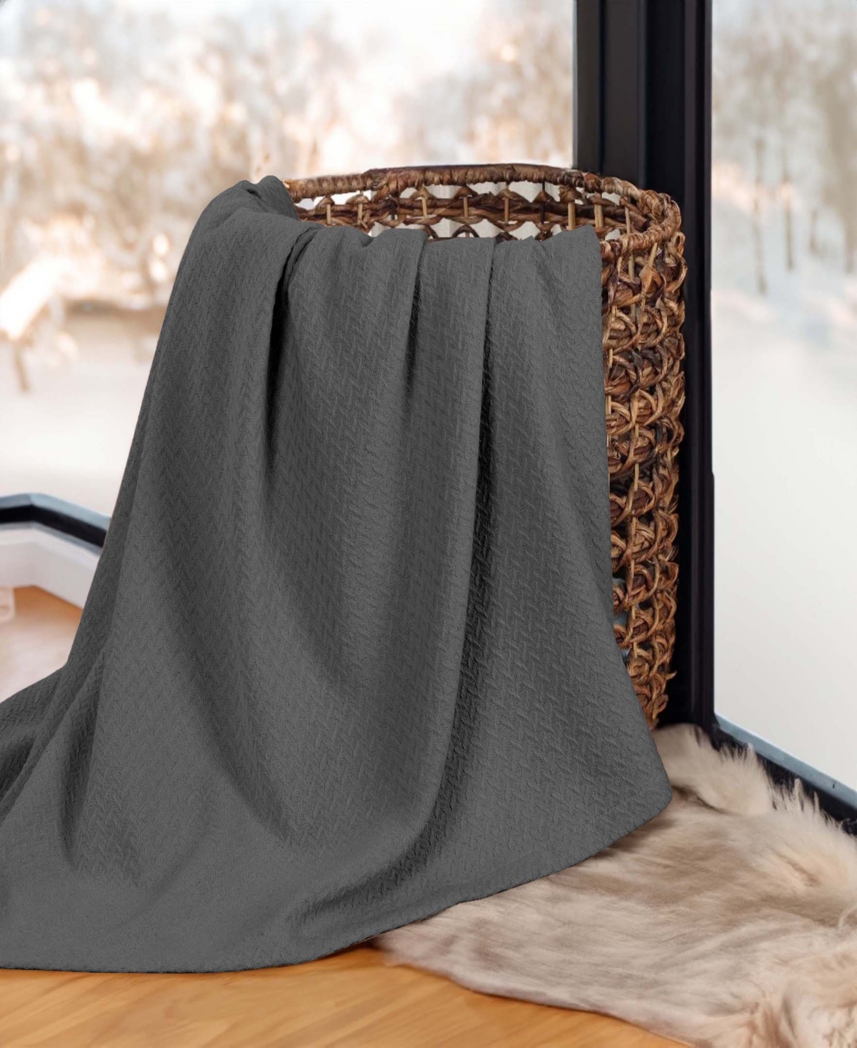 Superior Nobel Cotton Jacquard Dobby Weave Textured Chevron Lightweight Woven Blanket, Full/queen In Charcoal