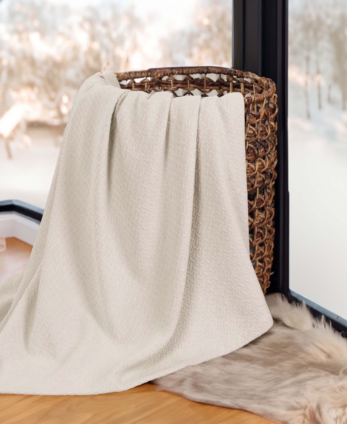 Superior Nobel Cotton Jacquard Dobby Weave Textured Chevron Lightweight Woven Throw, 50" X 60" In Ivory