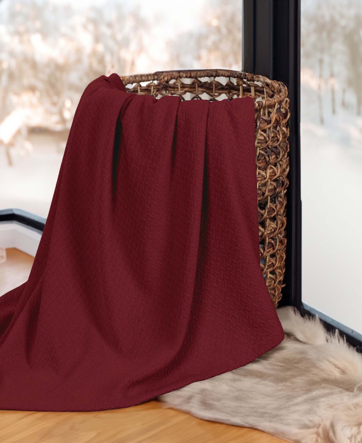 Superior Nobel Cotton Jacquard Dobby Weave Textured Chevron Lightweight Woven Blanket, California King In Burgundy