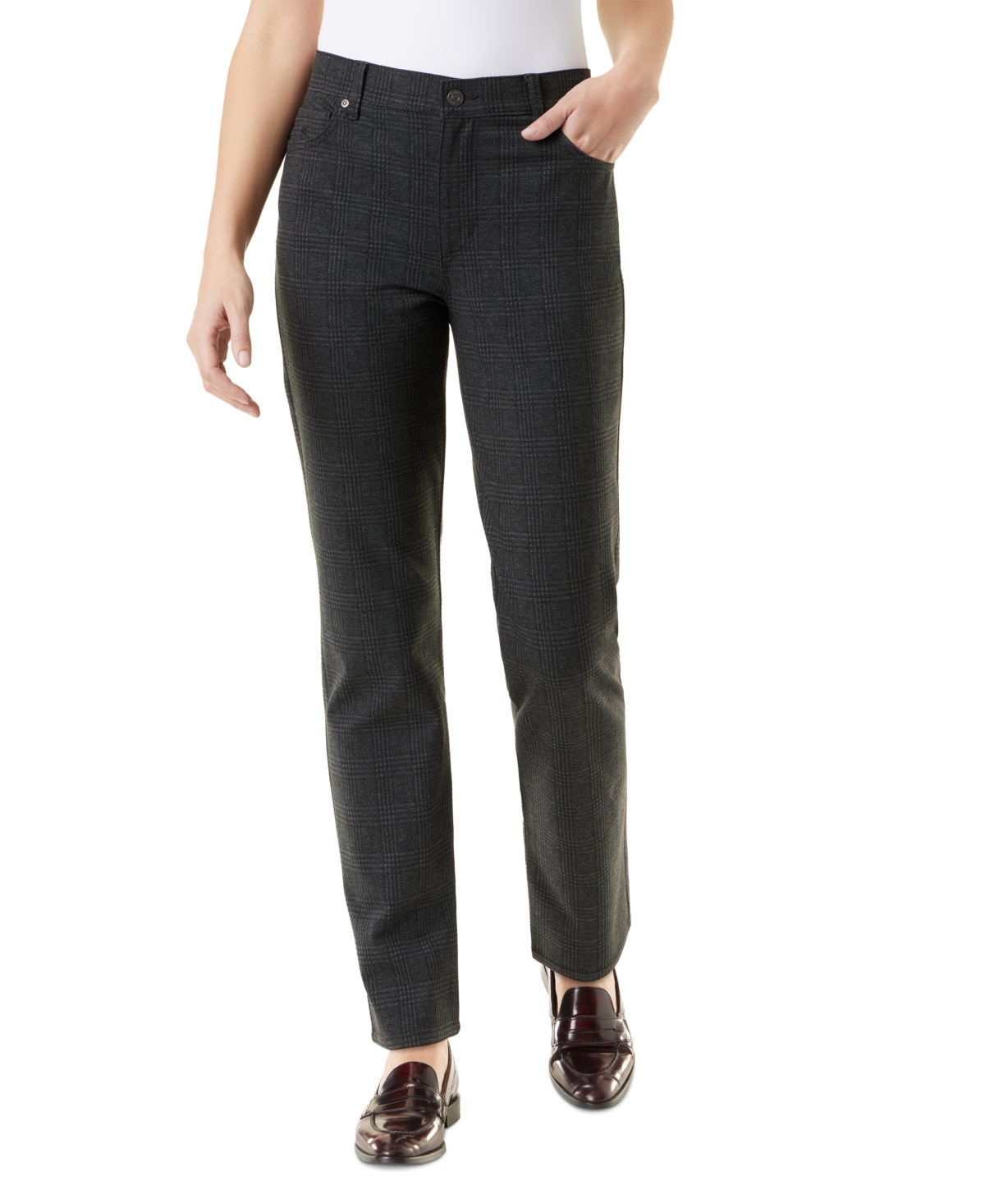 Gloria Vanderbilt Petite Amanda High-rise Straight Plaid Pants In Grey Dusk