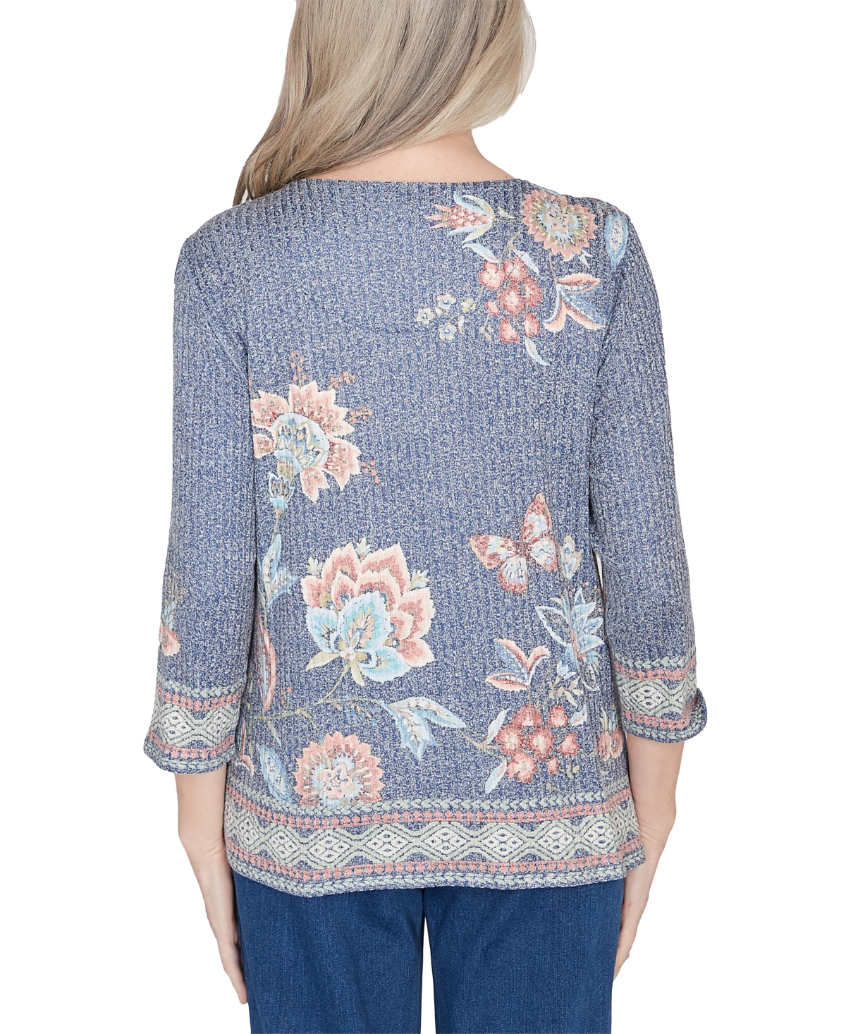 Alfred Dunner Scottsdale Women's Floral Border Split Neck Top In Navymul
