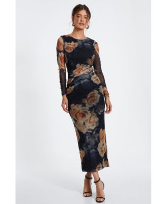 Women s Floral Rhinestone Mesh Round Neck Maxi Dress