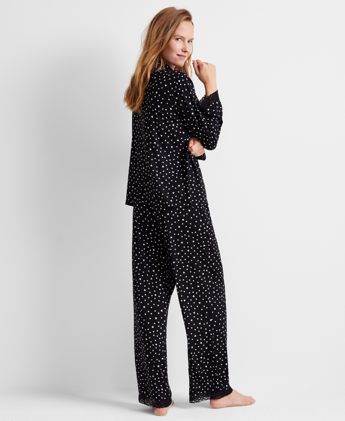 State Of Day Women's Collared Knit Pajama Set, Xs-3x, Created For Macy's In Black Dot