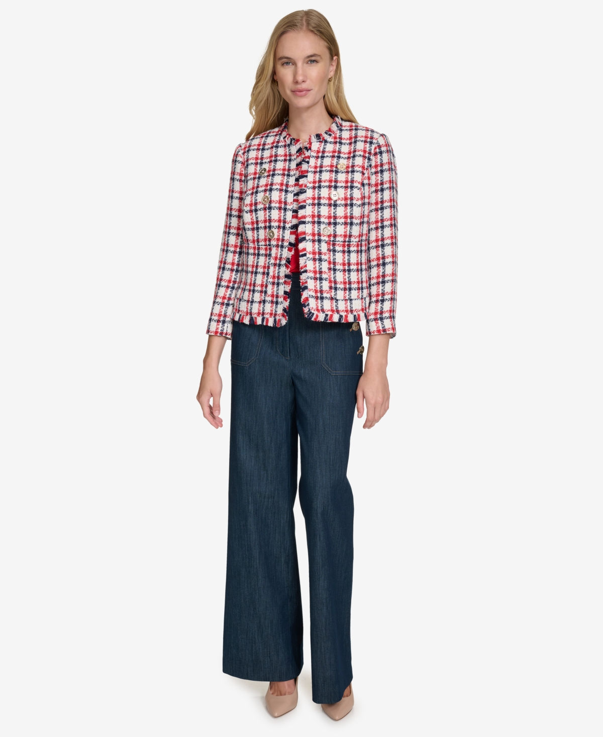 Tommy Hilfiger Women's Open-front Fringe-trim Jacket In Scarlet Multi