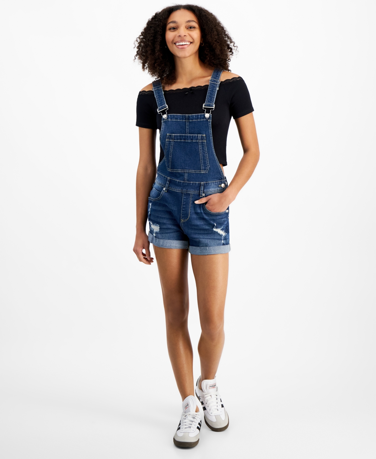 Juniors' Distressed Denim Rolled-Cuff Shortalls - Canary Island