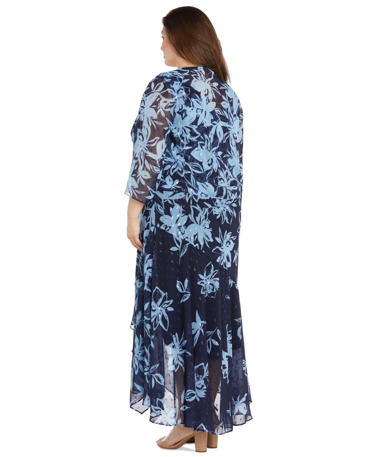 R & M Richards Plus Size Printed Handkerchief-hem Dress And Jacket In Navy,periwinkle
