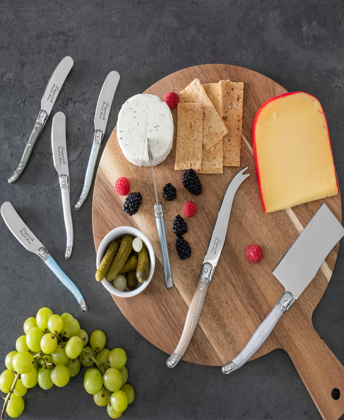 French Home Laguiole Cheese 7-piece Knife And Spreader Set With Mother Of Pearl Handles In Tan,blue,white