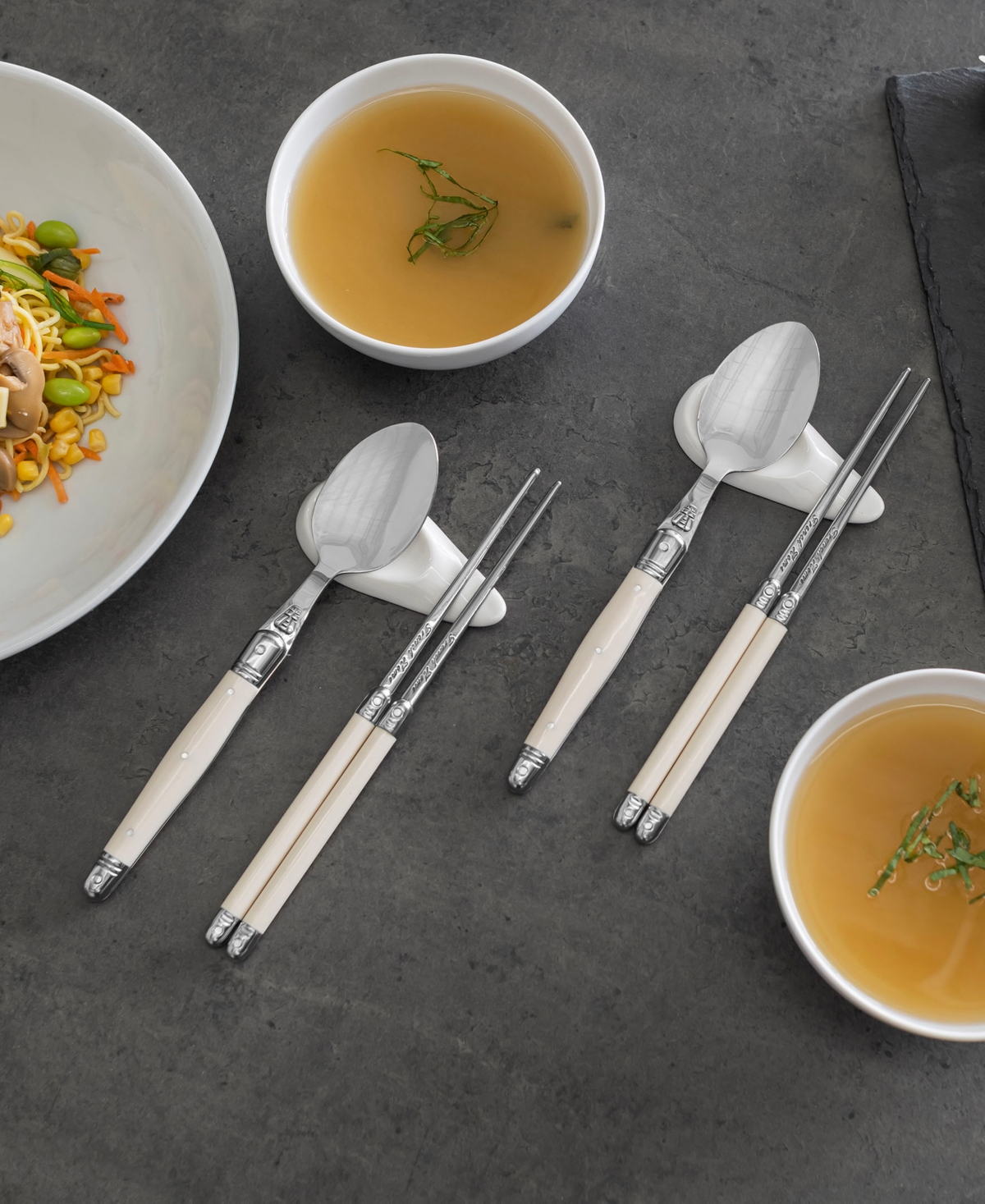 French Home Faux Ivory Chopsticks, Laguiole Spoons And Ceramic Rests, Set Of 4 Pairs In Faux Ivory
