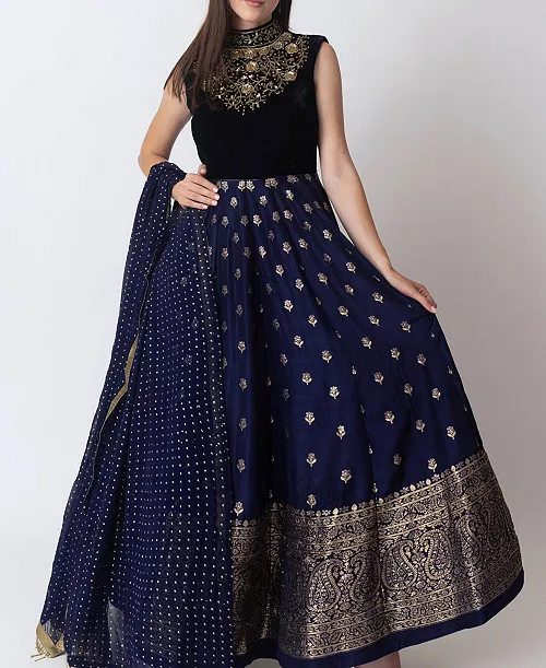 women's blue anarkali gown with sequins and cutdana handwork on the torso and banarasi jacquard bottom