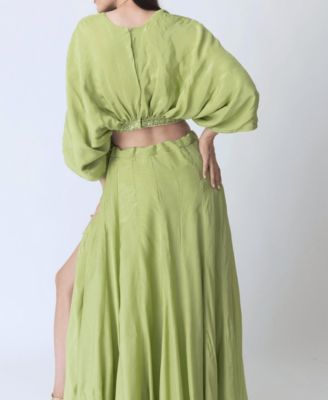 Women's Green Silk Co-Ord Set with Flowing Skirt with Slit and Crop Top with Dolman Sleeves