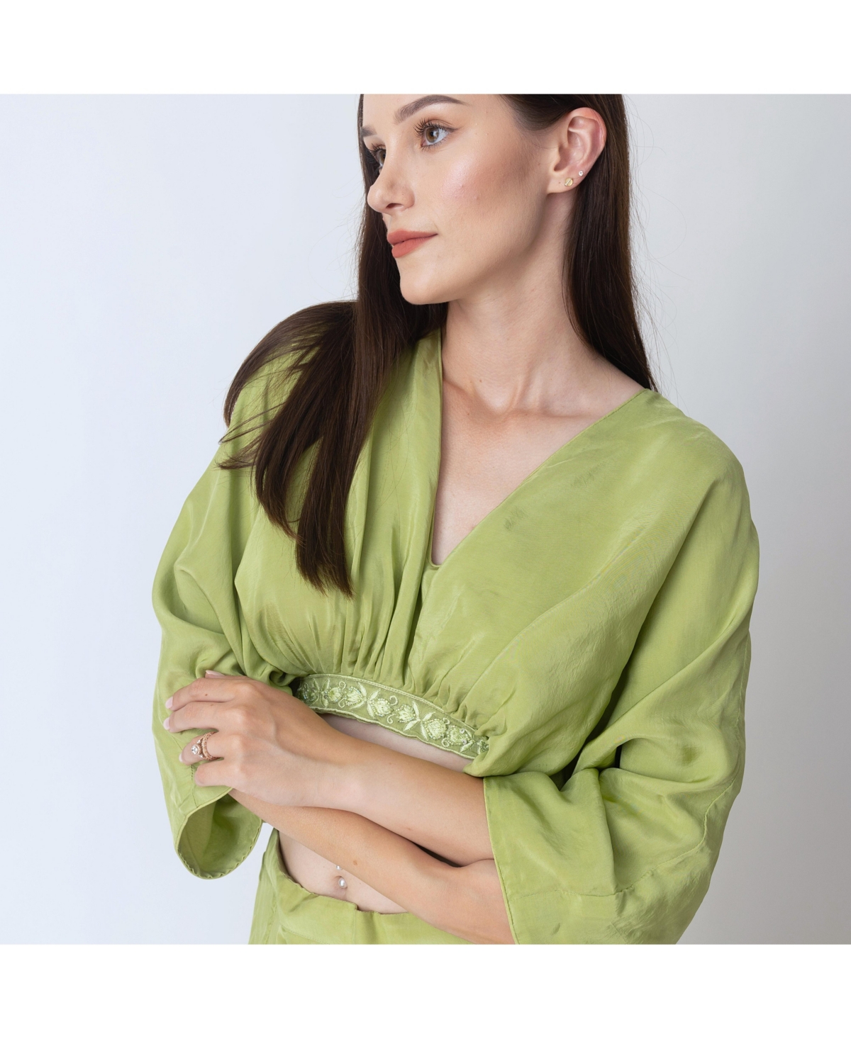 Raas Women's Green Silk Co-Ord Set with Flowing Skirt Slit and Crop Top Dolman Sleeves